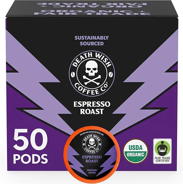 Death Wish Coffee, Espresso Roast Single Serve Coffee Pods - Fair Trade and Organic (50 Count)