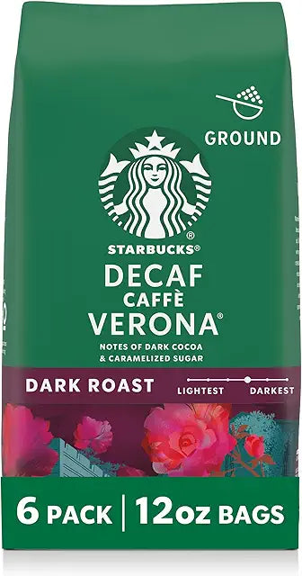 6 BAGS, Starbucks Ground Coffee, Dark Roast, Decaf Caffè Verona, Six 12 oz Bags