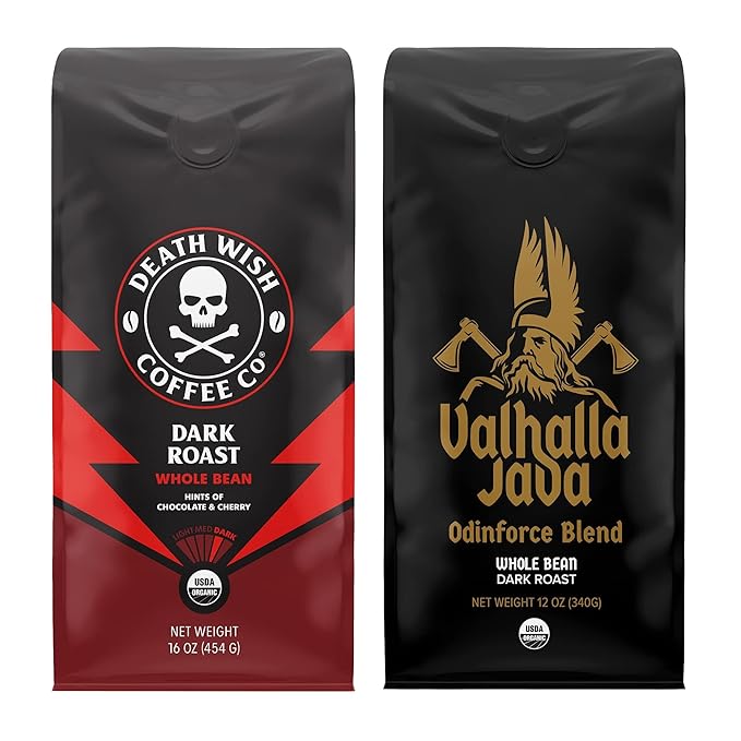 Death Wish Coffee, Dark Roast Whole Bean 16 oz & Valhalla Java Odinforce Blend 12 oz Bundle, USDA Organic and Fair Trade