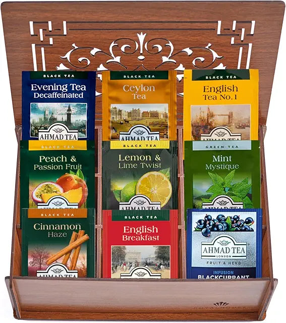 Ahmad Tea Bags Sampler Assortment in Wooden Gift Box Organizer Variety Pack (60 Count) 30 Flavors of Tea