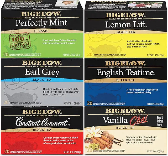 Bigelow Tea Black Tea 6 Flavor Variety Pack, Caffeinated Tea with Mint, Lemon, Constant Comment, English Teatime, Earl Grey, and Vanilla Chai, 20 Count Box (Pack of 6), 120 Total Tea Bags