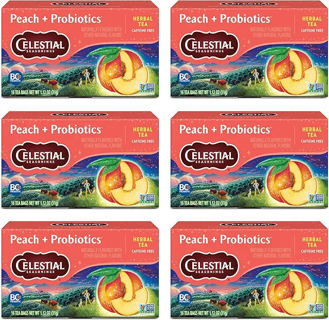 Celestial Seasonings Peach + Probiotics Herbal Tea, Caffeine Free, 16 Tea Bags Box (Pack of 6)